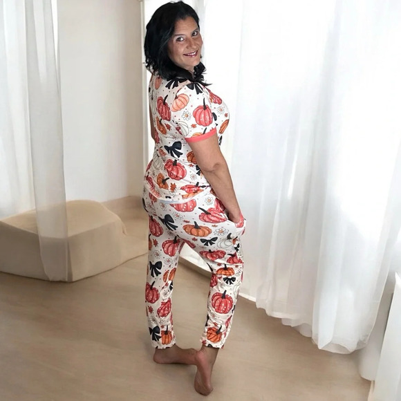 Shirley & Stone Pumpkin Pajama Set Loungewear V Neck Top and‎ Pants Fall Women - Picture 2 of 5